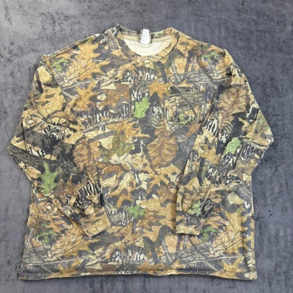 Vintage Jerzees Outdoors Mossy Oak Allover Camo Long Sleeve Pocket Shirt 2XL